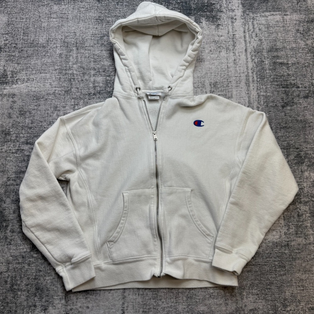 Champion Reverse Weave Full Zip Hoodie Womens Large White Heavyweight Sweatshirt